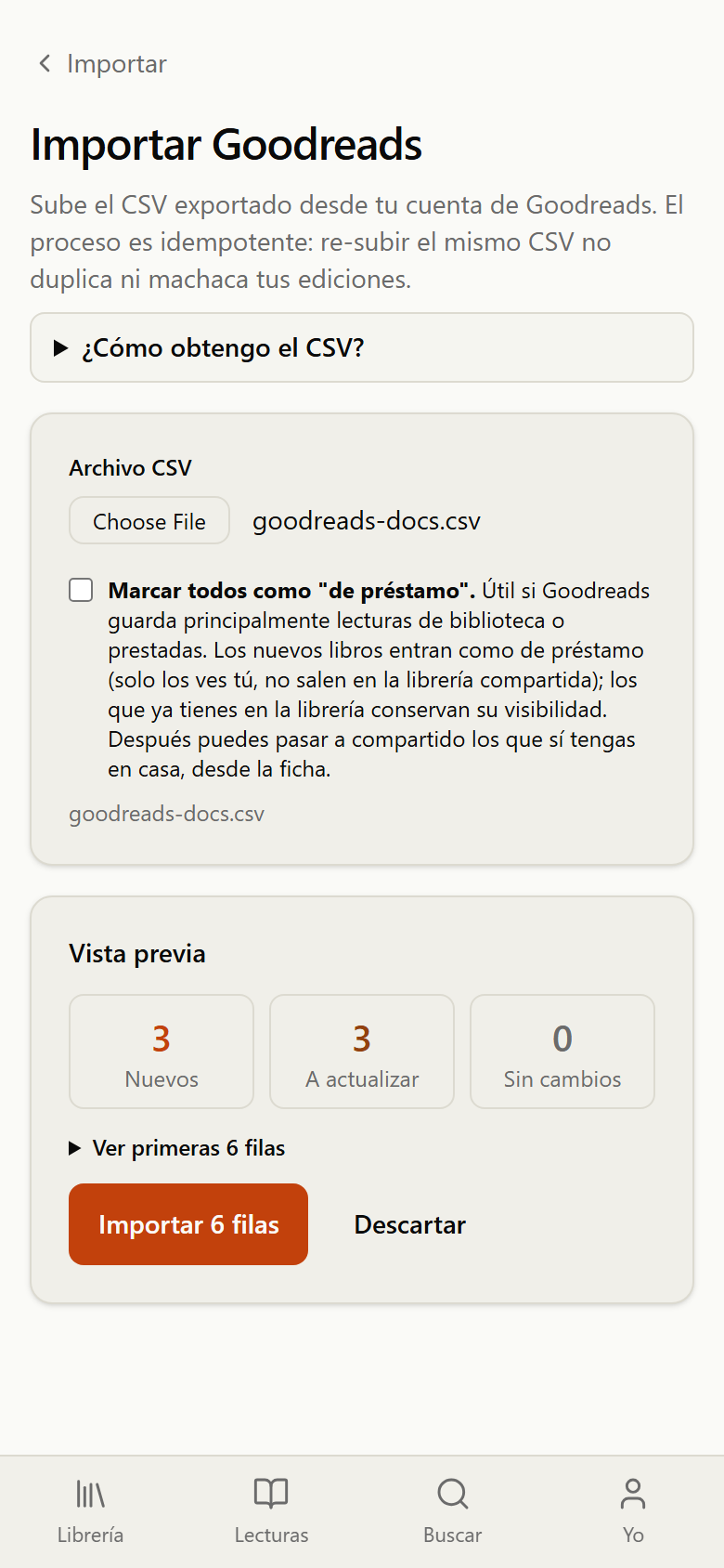 Pantalla de preview de Lomos antes de importar un CSV de Goodreads, mostrando cuántos libros se van a crear y cuántos parecen duplicados.