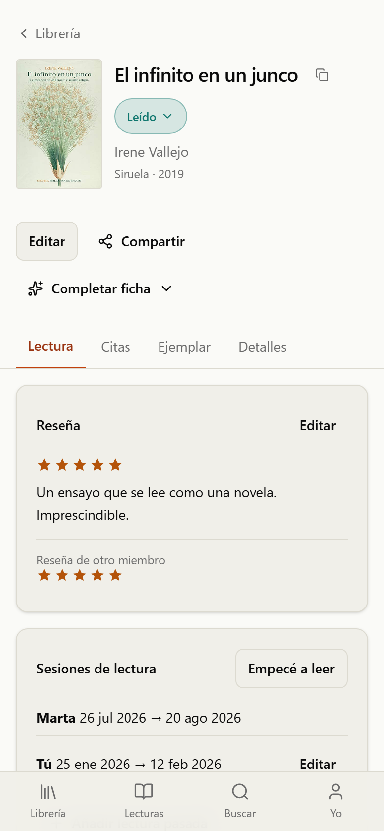 Ficha de un libro con la fila de acciones Editar, Compartir y Completar ficha bajo la portada